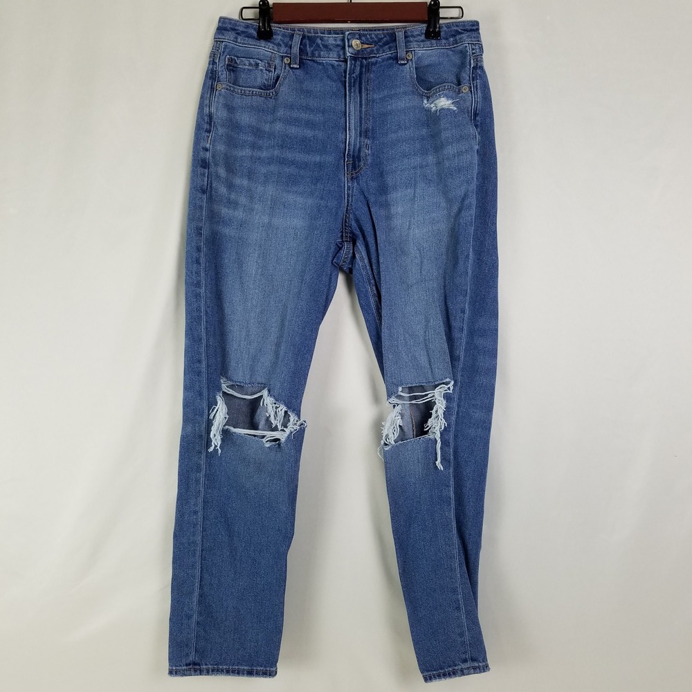 American Eagle Mom Jeans Womens 10 Blue Distressed High Rise Ripped Medium Wash